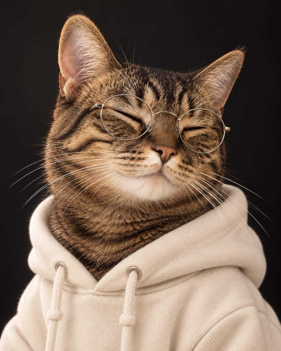 ticker Cat: a brown tabby in a white hoodie and round glasses against a dark background