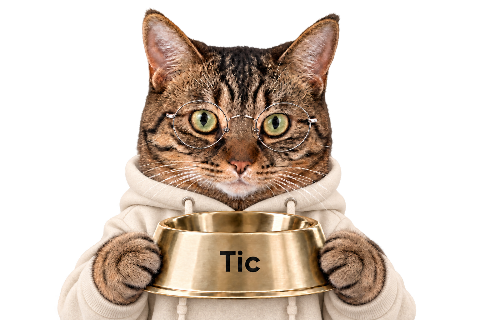ticker Cat: a brown tabby in a white hoodie and round glasses, holding a champagne-gold bowl marked Tic